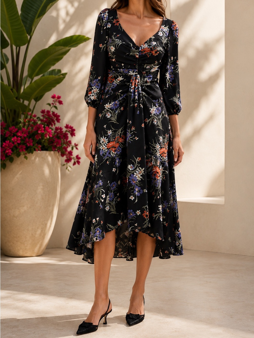 cinq a sept Black Floral Three Quarter Sleeve Walker Wrap Midi Dress - Size 0